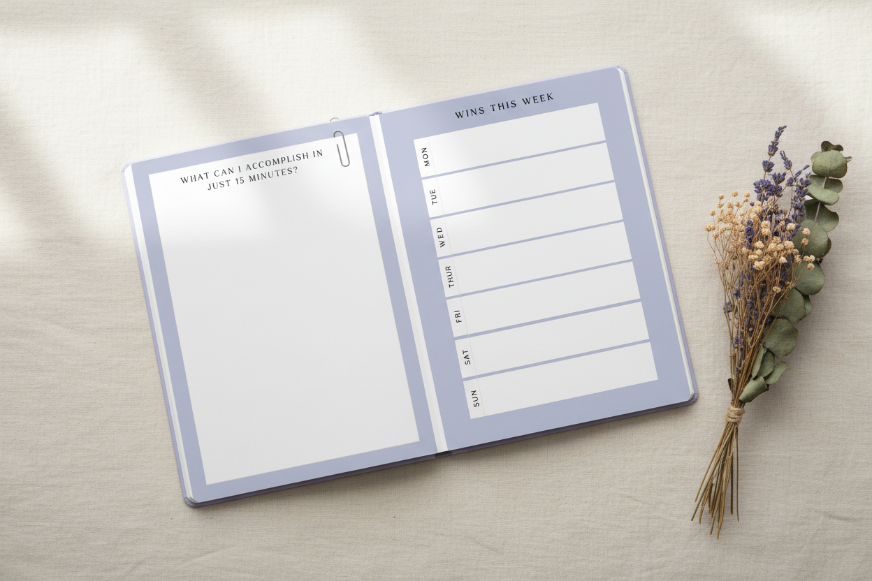 Purple journal flatlay - linen dried flowers