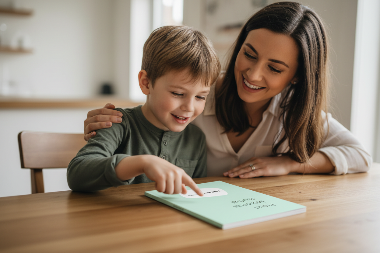 Mother and young child with thin Small Wins journal