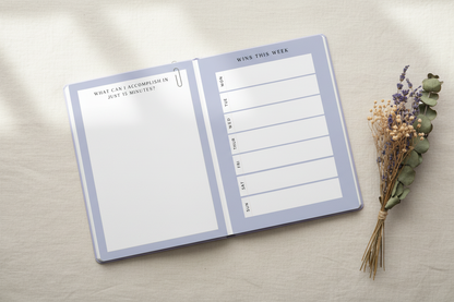 Purple journal flatlay - linen dried flowers